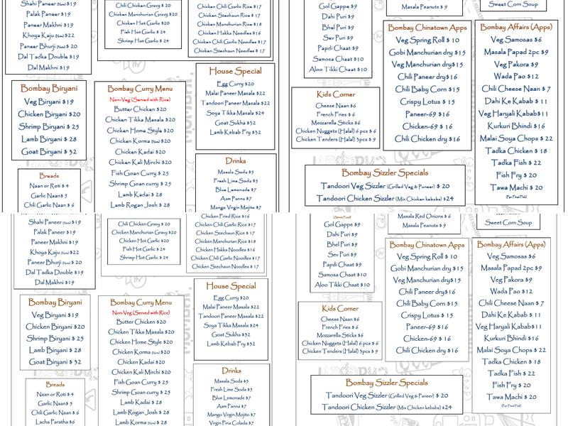 Bombay Blue Menu