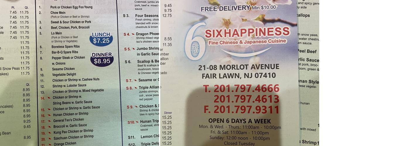 Six Happiness Menu