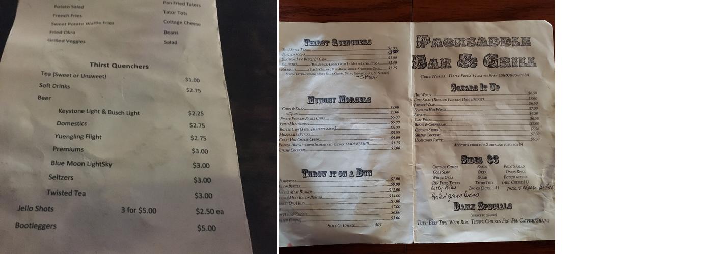 Packsaddle Bar And Grill Menu