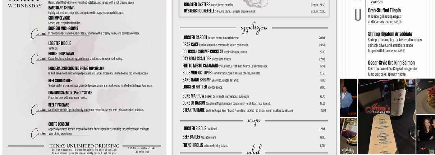 Irina's Steak & Seafood Menu