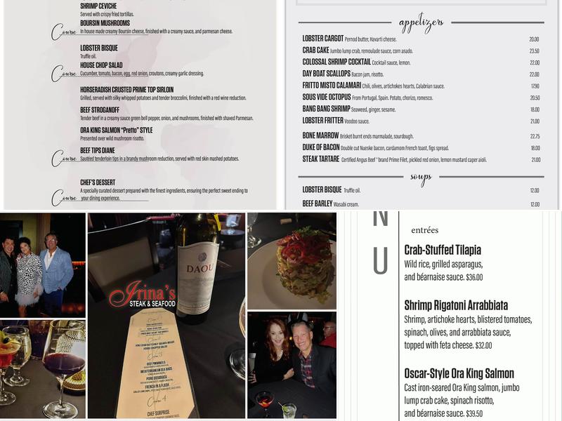 Irina's Steak & Seafood Menu