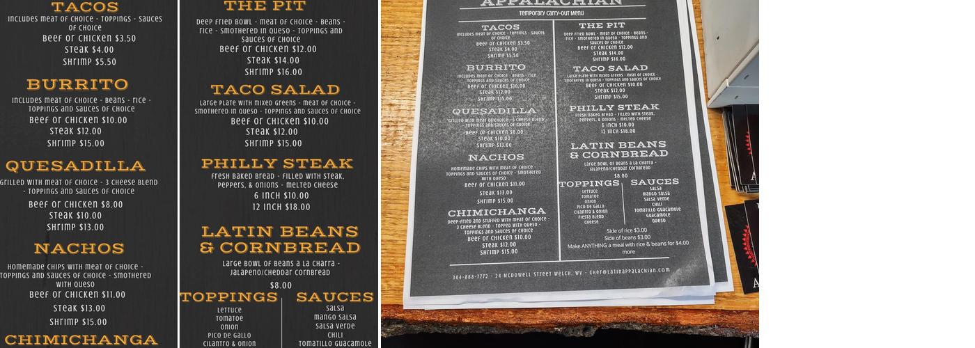 Latin Appalachian Menu