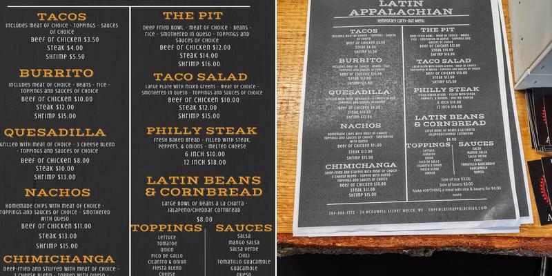 Latin Appalachian Menu