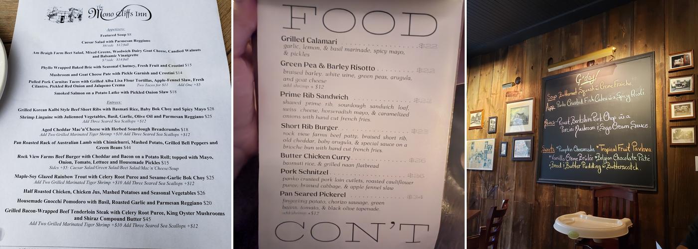 Mono Cliffs Inn Menu