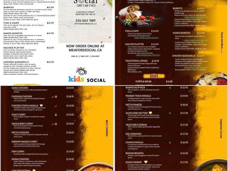 Meaford social restaurant and Meats Menu