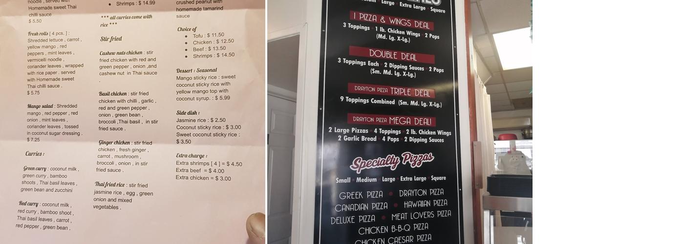 Drayton Pizza and Thai Food Menu