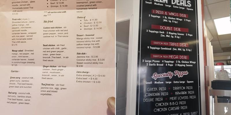 Drayton Pizza and Thai Food Menu