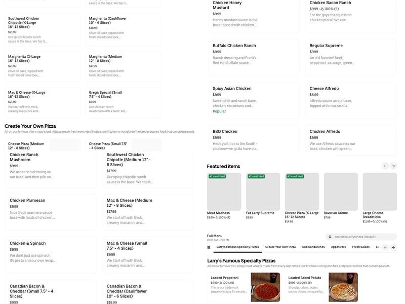 Larry's Pizza Haskell Menu