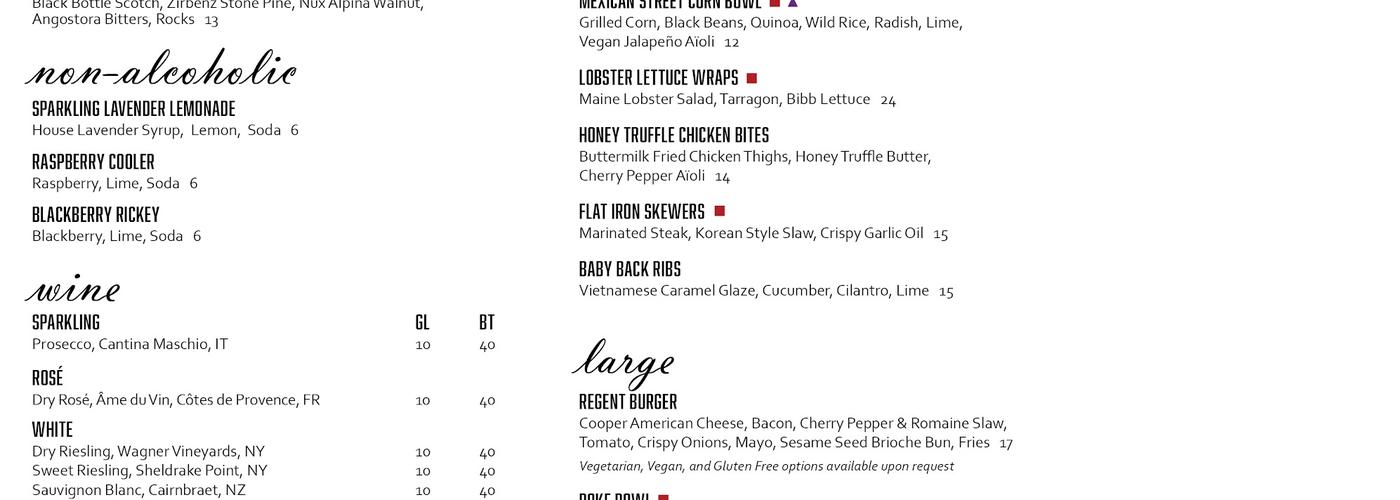 The Regent Lounge Menu