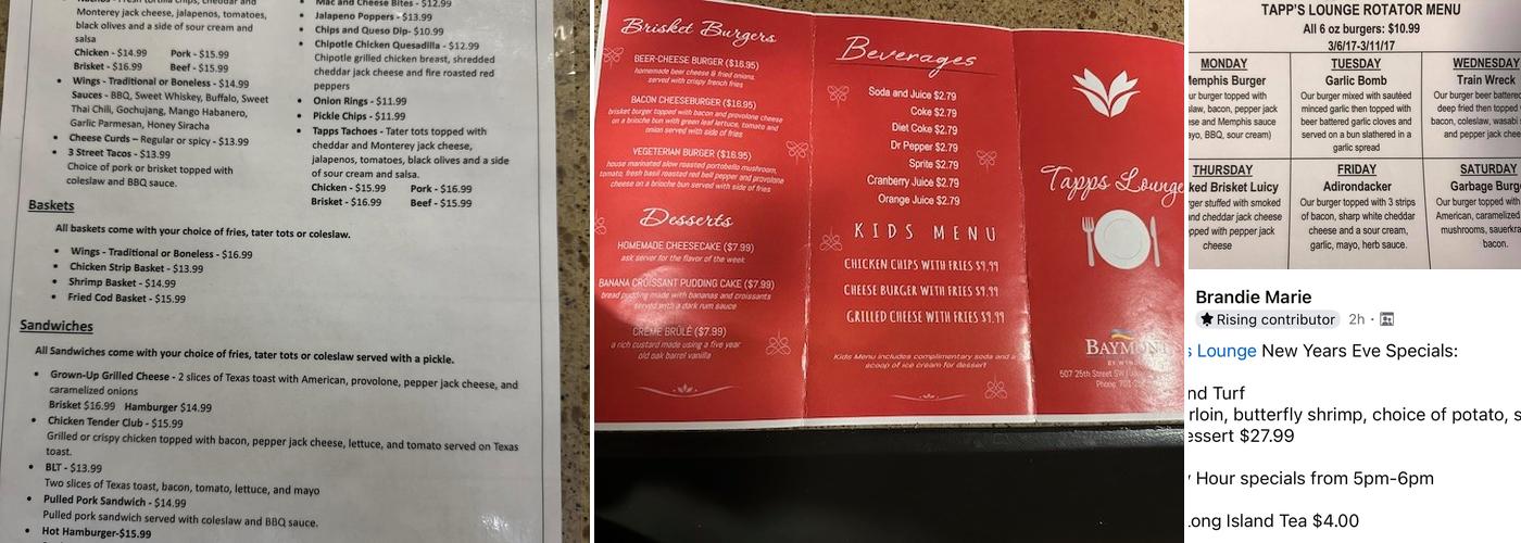 Tapps Lounge Menu