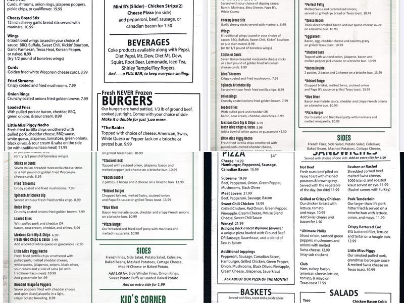 Papa B's Keno & Grill Menu