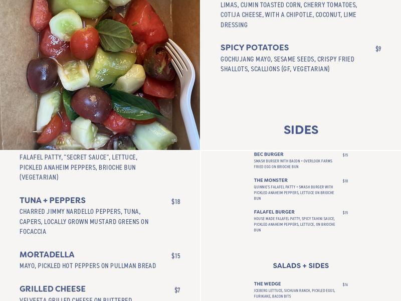 Quinnie's New York Menu