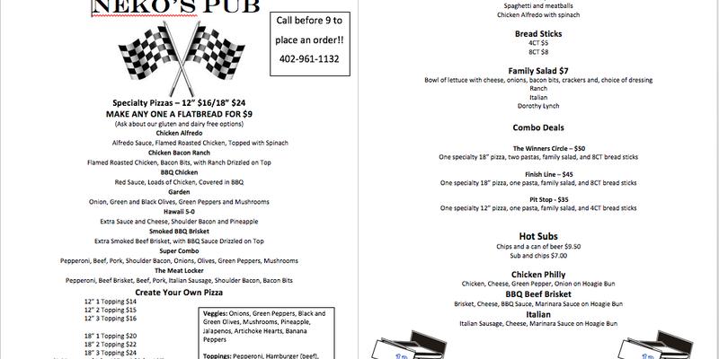 Neko's Pub Menu