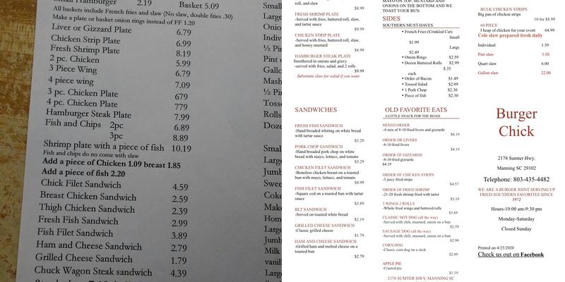 Burger Chick Menu