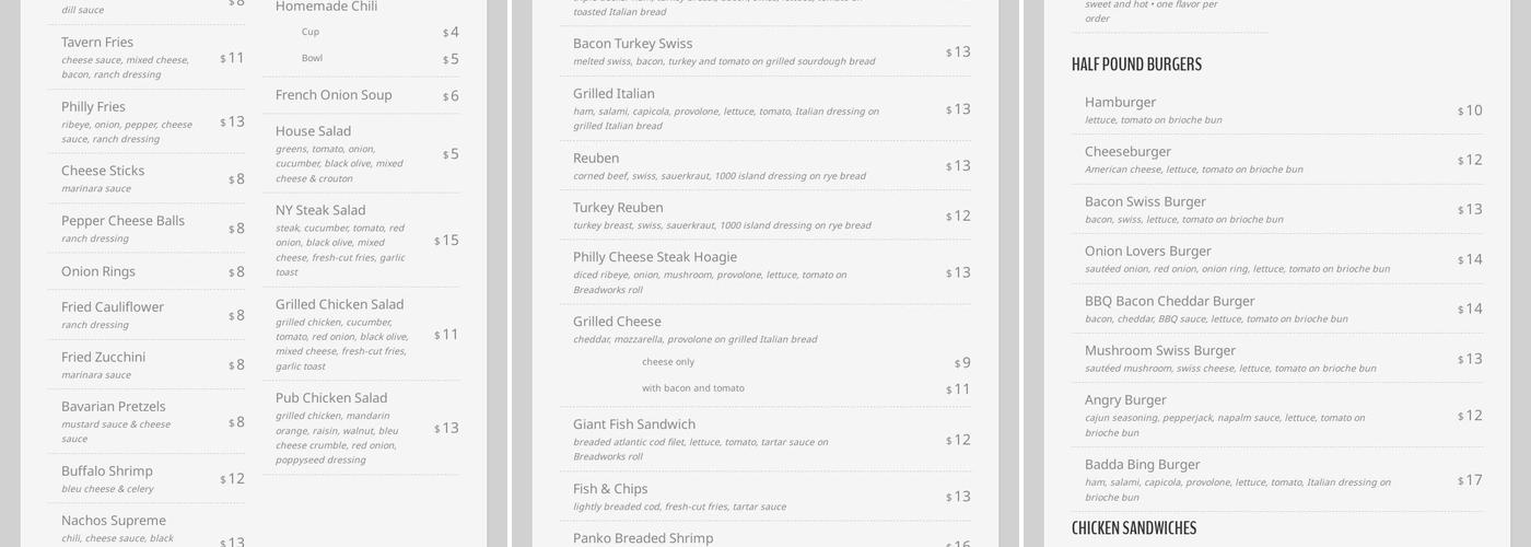 Oakmont Tavern Menu
