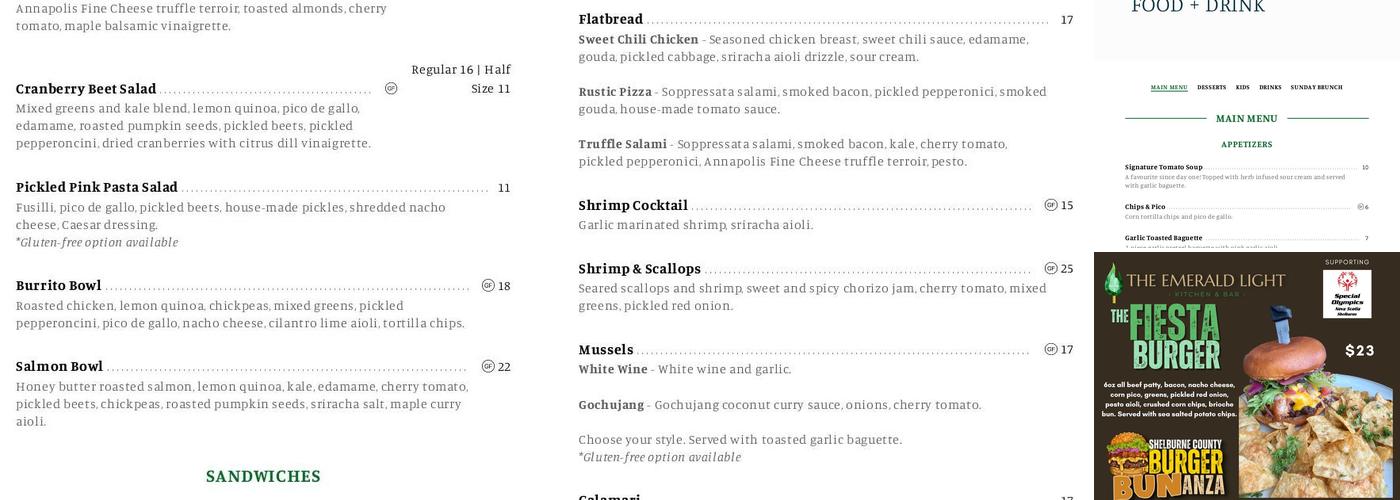 The Emerald Light Menu