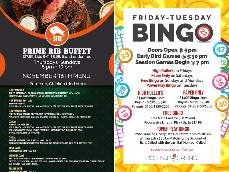 Rosebud Casino Menu