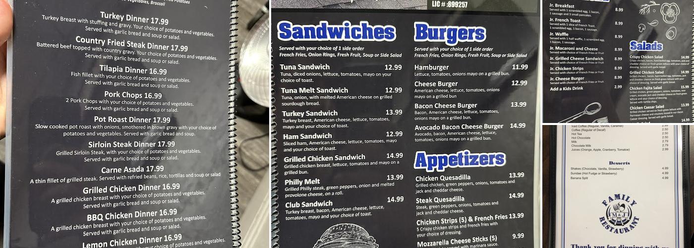 M&J's Family Restaurant Menu