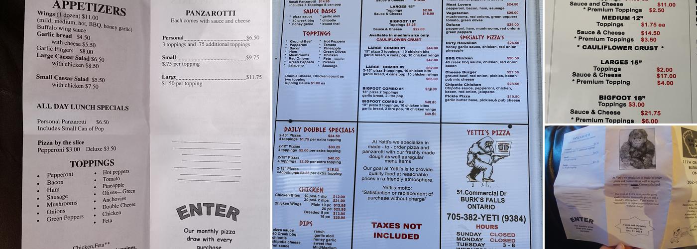 Yetti's Pizza inc. Menu