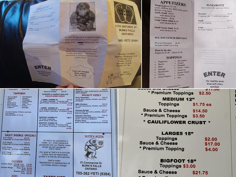 Yetti's Pizza inc. Menu