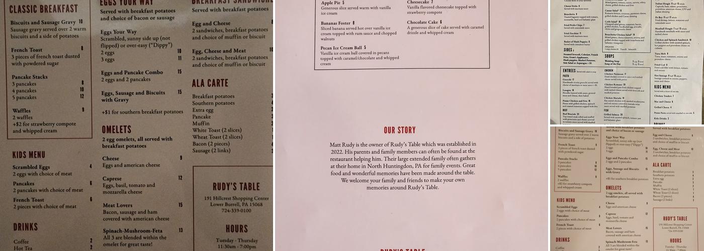 Rudy's Table Menu