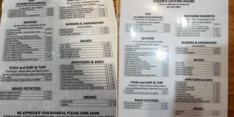 Easons Catfish House Menu