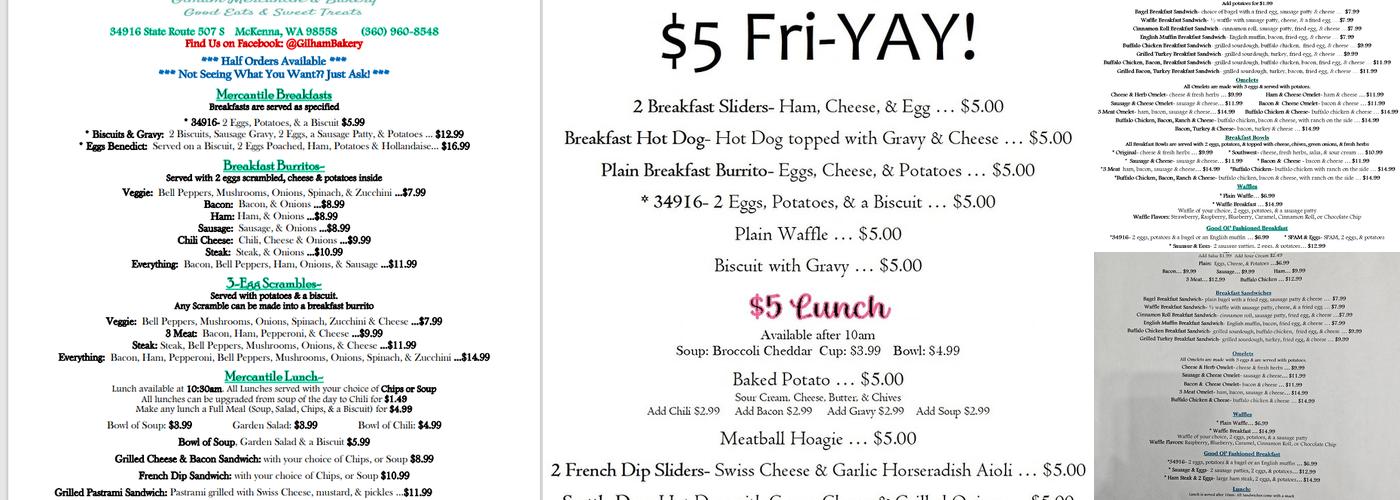 Gilham Mercantile & Bakery Menu