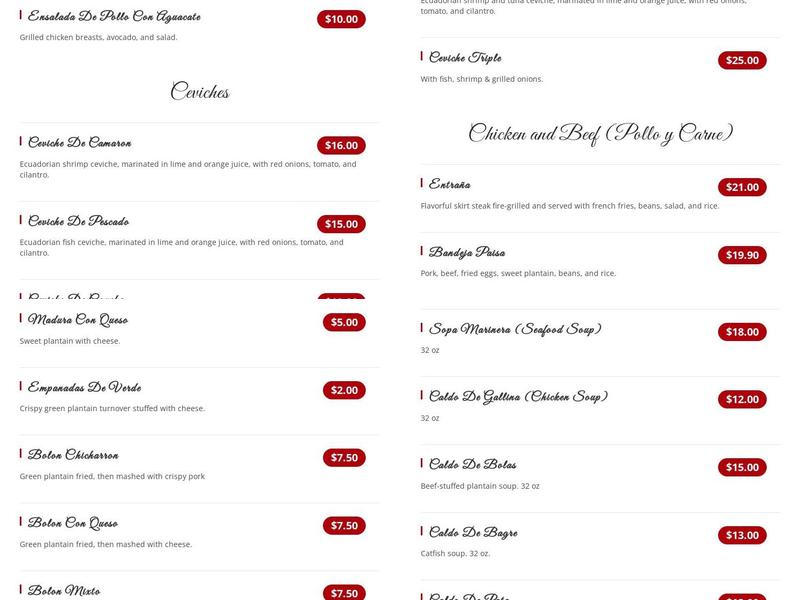 El Rinconcito Restaurant Ecuatoriano & Bakery Menu