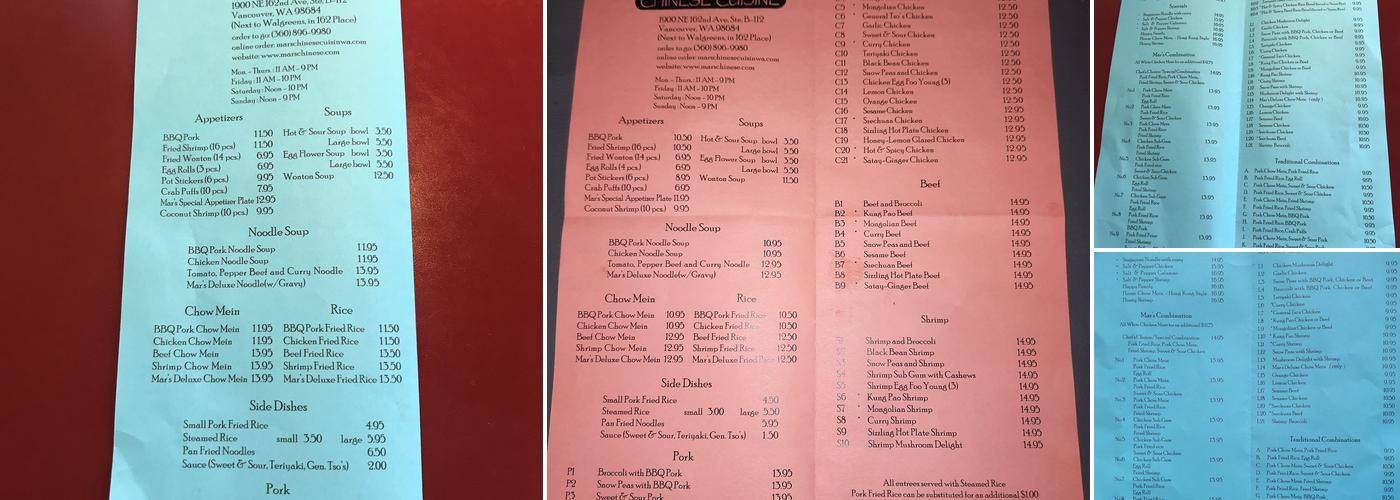 Mar's Chinese Cuisine Menu