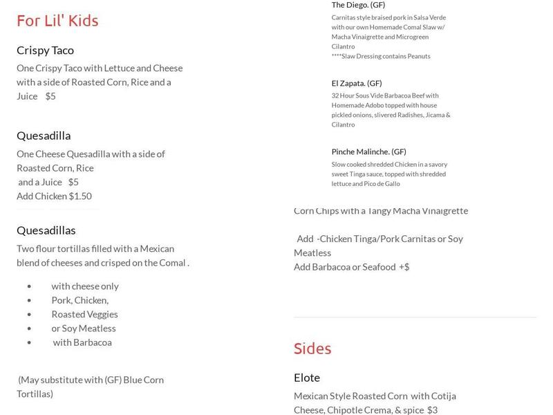 Comal Restaurant Menu