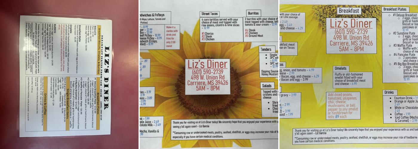 Liz's Diner Menu