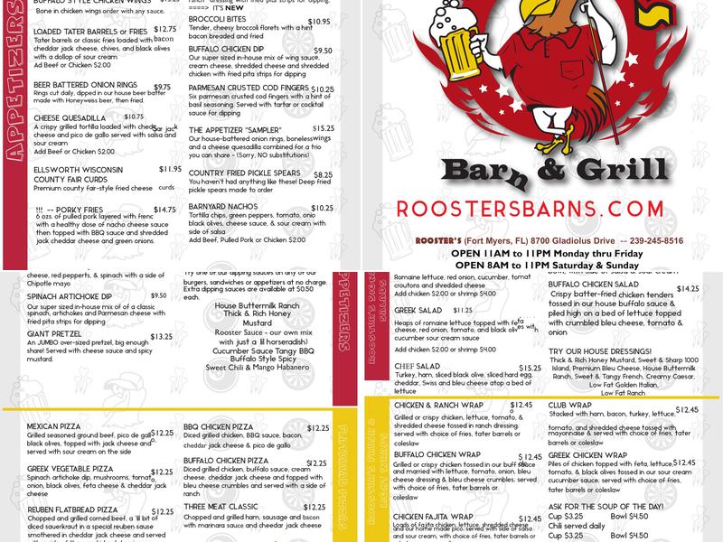 Roosters Barn and Grill Menu