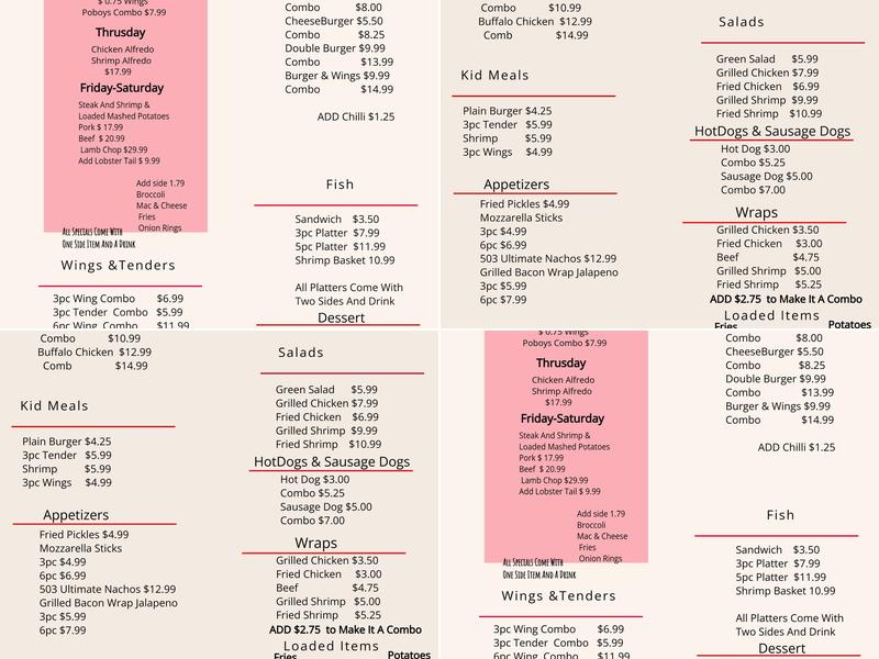 503 Cafe Menu