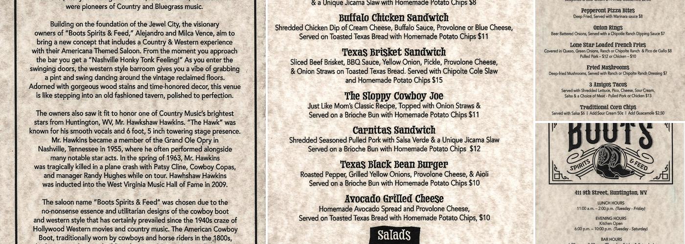 Boots Spirits & Feed Menu