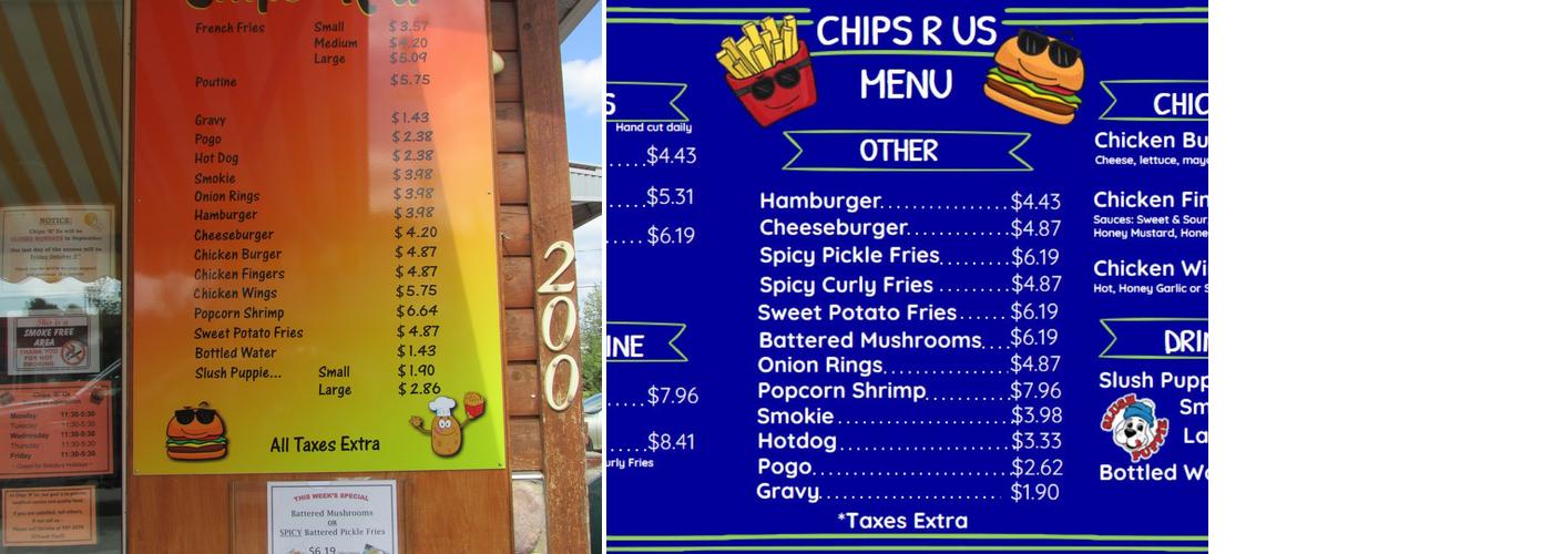 Chips R Us Menu