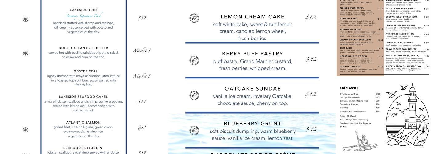 Lakeside Restaurant Menu