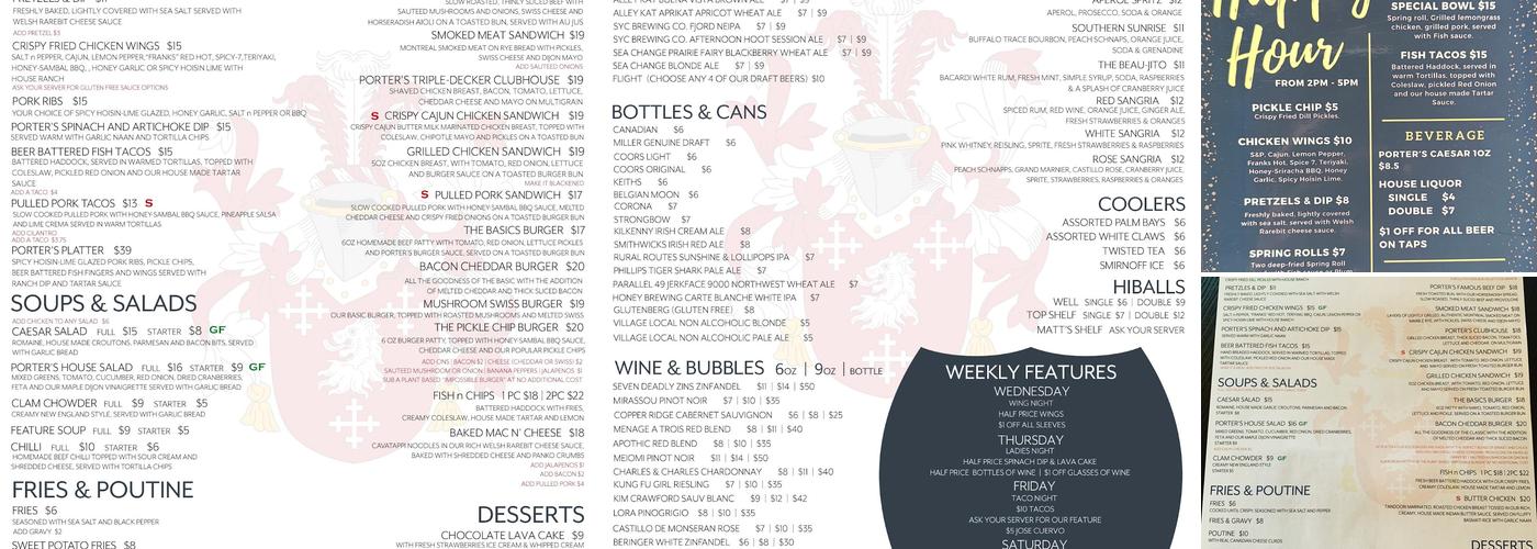 Porter's Pub Menu