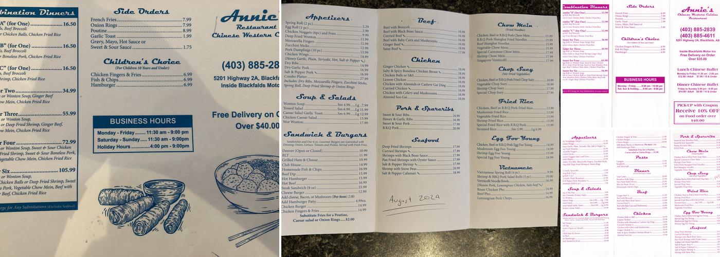 Annie's Restaurant Blackfalds (Chinese & Western) Menu