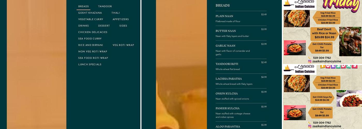 ZAAIKA INDIAN CUISINE Menu