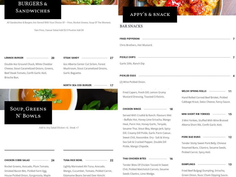 Lennox Irish Pub Menu