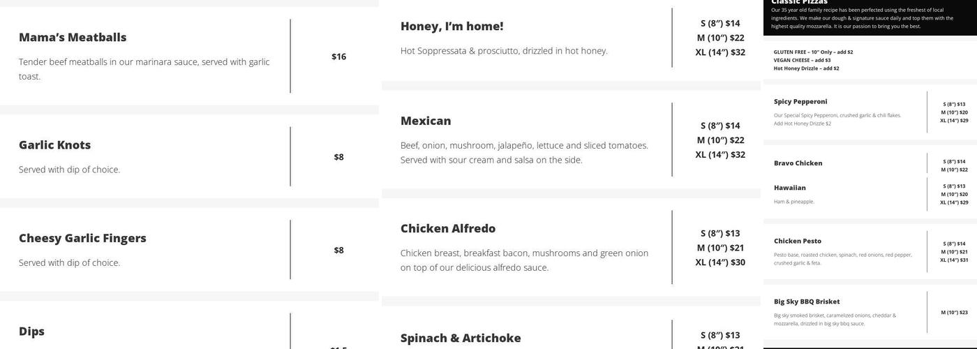 Bravo Pizza Menu