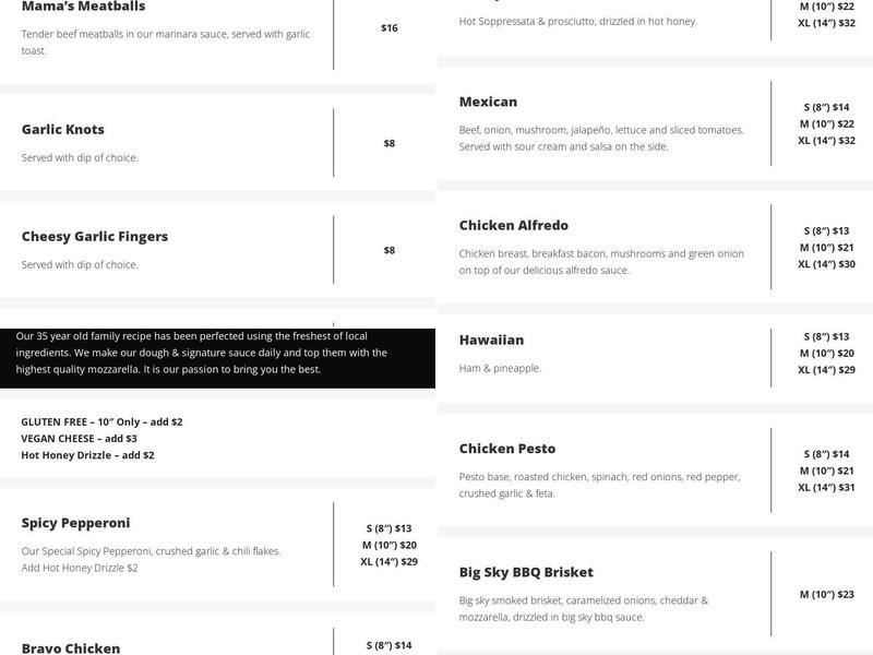 Bravo Pizza Menu