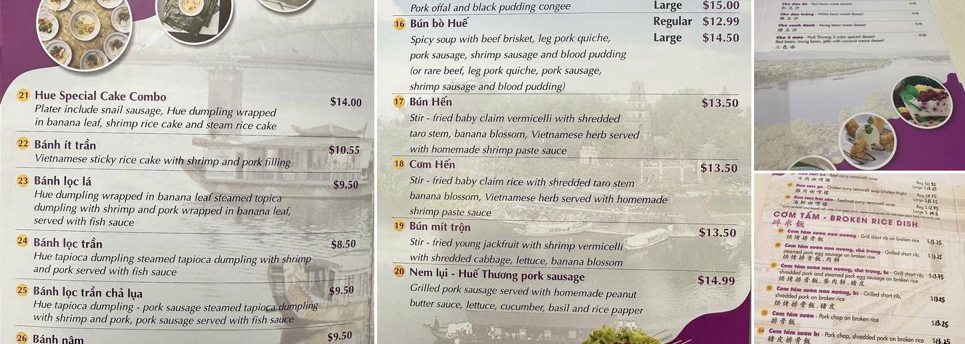 Hue Thuong Restaurant Menu