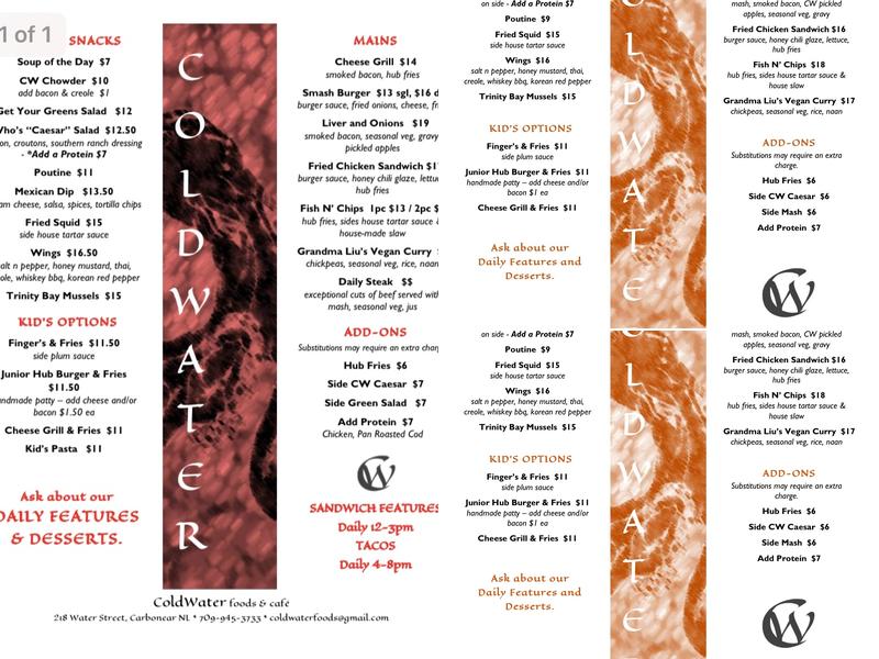 ColdWater Restaurant Menu