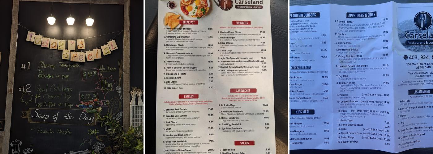 Carseland Restaurant & Lounge Menu