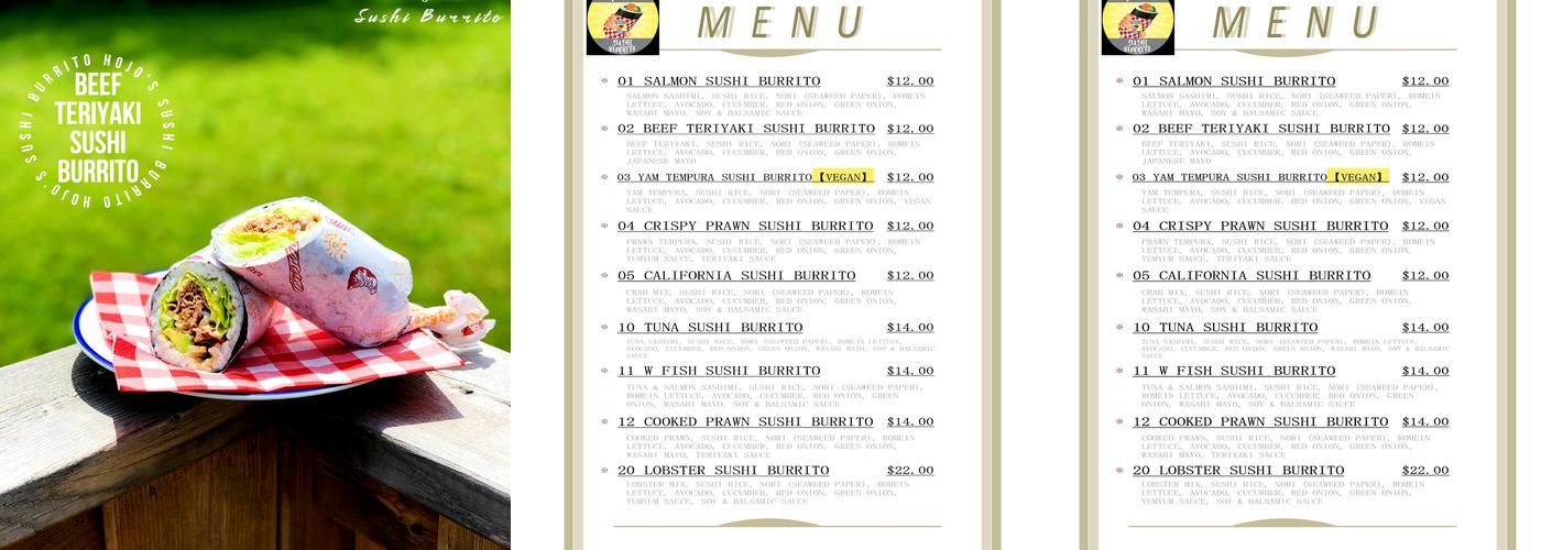 Hojo's Sushi Burrito Menu