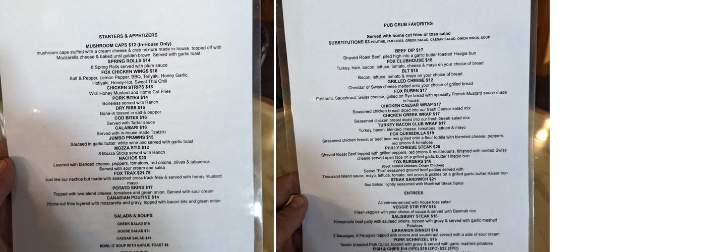 Silver Fox Pub Menu