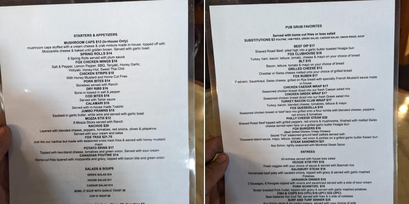Silver Fox Pub Menu