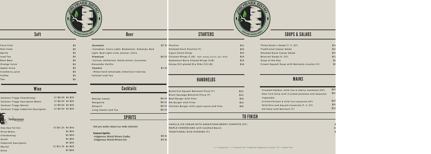Birchbark Bistro Menu