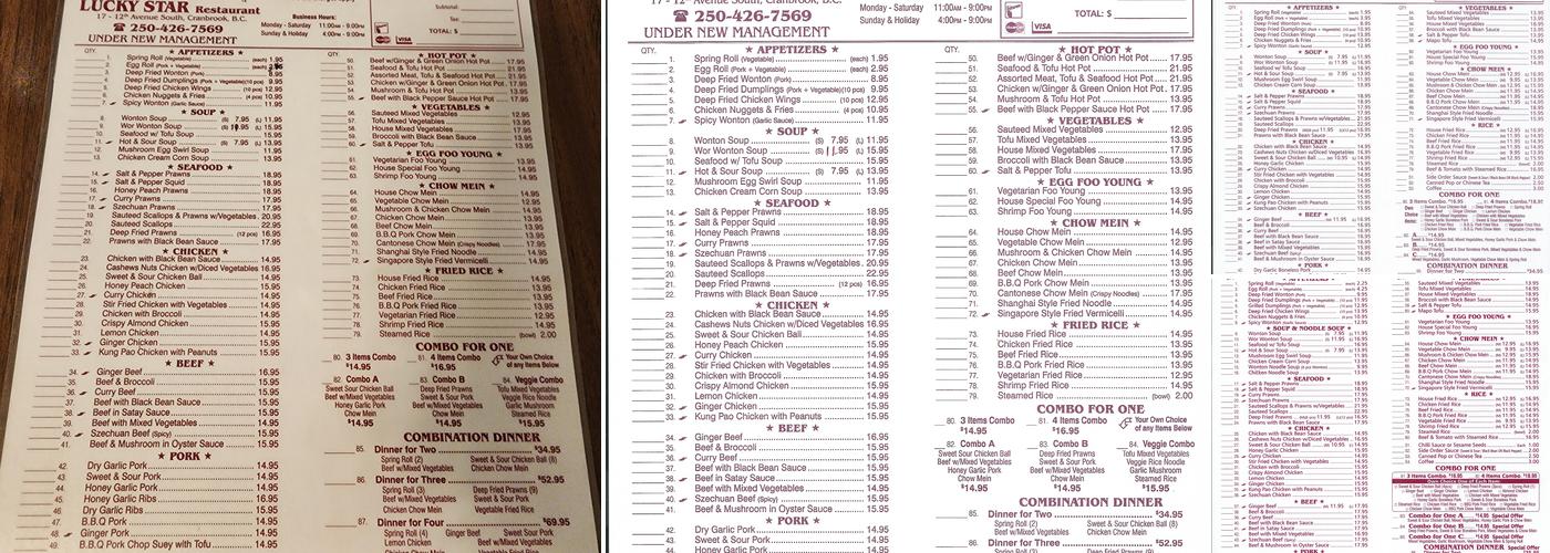 Lucky Star restaurant LTD Menu